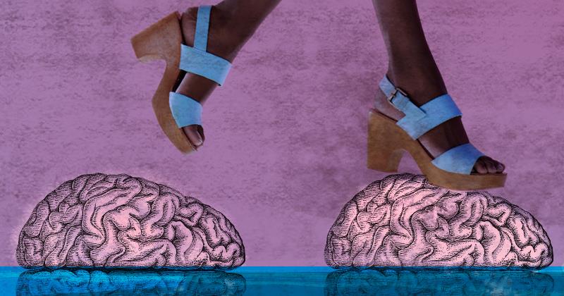A graphic of a woman's feet stepping on 2 brains.